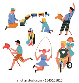 Kindergarten toys, children playing games, toddlers or teenagers and preschoolers, isolated characters vector. Train and ball, horse and skipping rope. Childish bicycle, jumping or riding bike