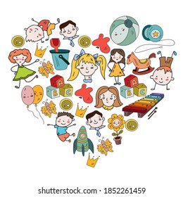 Kindergarten and toys. Little children game. Kids playground. Education, creativity, imagination.
