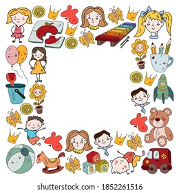 Kindergarten and toys. Little children game. Kids playground. Education, creativity, imagination.
