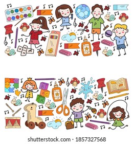 Kindergarten and toys. Little children game. Kids playground. Education, creativity, imagination.