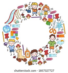 Kindergarten and toys. Little children game. Kids playground. Education, creativity, imagination.