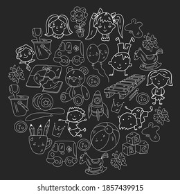 Kindergarten and toys. Little children game. Kids playground. Education, creativity, imagination.