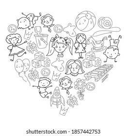 Kindergarten and toys. Little children game. Kids playground. Education, creativity, imagination.