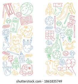 Kindergarten and toys. Little children game. Kids playground. Education, creativity, imagination.