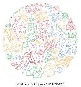 Kindergarten and toys. Little children game. Kids playground. Education, creativity, imagination.