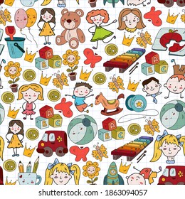 Kindergarten and toys. Little children game. Kids playground. Education, creativity, imagination.