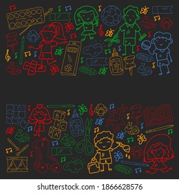 Kindergarten and toys. Little children game. Kids playground. Education, creativity, imagination.