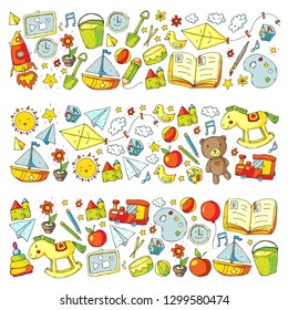 Kindergarten with toys. Pattern for children. Little preschool kids education. Drawing, learning, play