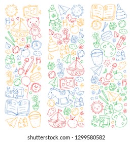 Kindergarten with toys. Pattern for children. Little preschool kids education. Drawing, learning, play