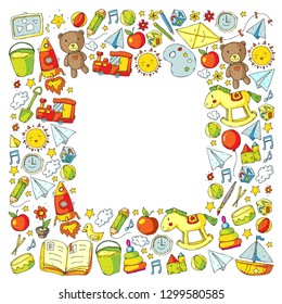 Kindergarten with toys. Pattern for children. Little preschool kids education. Drawing, learning, play