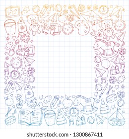 Kindergarten with toys. Pattern for children. Little preschool kids education. Drawing, learning, play