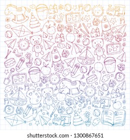 Kindergarten with toys. Pattern for children. Little preschool kids education. Drawing, learning, play
