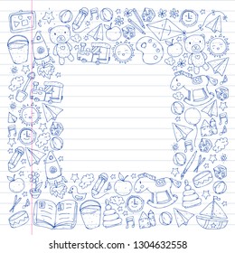 Kindergarten with toys. Pattern for children. Little preschool kids education. Drawing, learning, play
