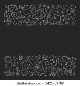 Kindergarten with toys. Pattern for children. Little preschool kids education. Drawing, learning, play