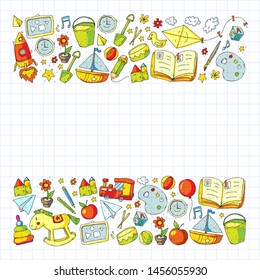 Kindergarten with toys. Pattern for children. Little preschool kids education. Drawing, learning, play
