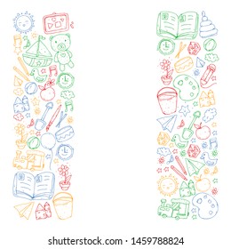 Kindergarten with toys. Pattern for children. Little preschool kids education. Drawing, learning, play