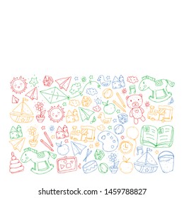 Kindergarten with toys. Pattern for children. Little preschool kids education. Drawing, learning, play