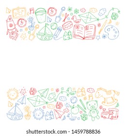 Kindergarten with toys. Pattern for children. Little preschool kids education. Drawing, learning, play