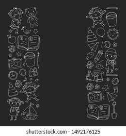 Kindergarten with toys. Pattern for children. Little preschool kids education. Drawing, learning, play