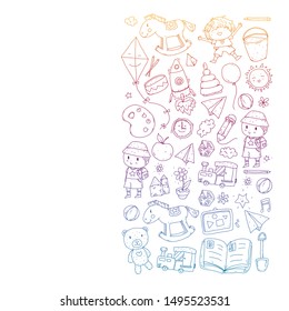 Kindergarten with toys. Pattern for children. Little preschool kids education. Drawing, learning, play