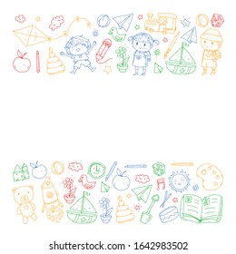Kindergarten with toys. Pattern for children. Little preschool kids education. Drawing, learning, play