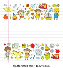 Kindergarten with toys. Pattern for children. Little preschool kids education. Drawing, learning, play