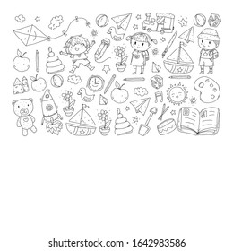 Kindergarten with toys. Pattern for children. Little preschool kids education. Drawing, learning, play