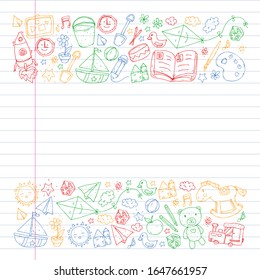 Kindergarten with toys. Pattern for children. Little preschool kids education. Drawing, learning, play