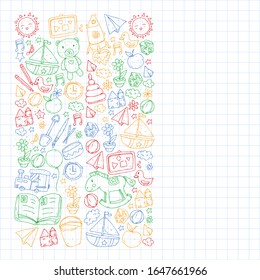 Kindergarten with toys. Pattern for children. Little preschool kids education. Drawing, learning, play