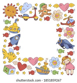 Kindergarten, toys vector pattern. Little children creativity and imagination. Online education, educational games.