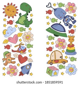 Kindergarten, toys vector pattern. Little children creativity and imagination. Online education, educational games.