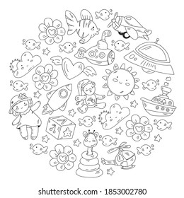 Kindergarten, toys vector pattern. Little children creativity and imagination. Online education, educational games.