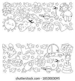 Kindergarten, toys vector pattern. Little children creativity and imagination. Online education, educational games.