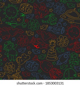 Kindergarten, toys vector pattern. Little children creativity and imagination. Online education, educational games.