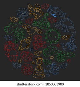 Kindergarten, toys vector pattern. Little children creativity and imagination. Online education, educational games.