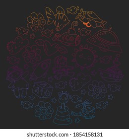 Kindergarten, toys vector pattern. Little children creativity and imagination. Online education, educational games.
