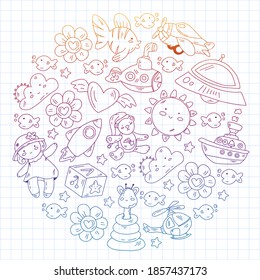 Kindergarten, toys vector pattern. Little children creativity and imagination. Online education, educational games.