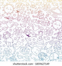 Kindergarten, toys vector pattern. Little children creativity and imagination. Online education, educational games.