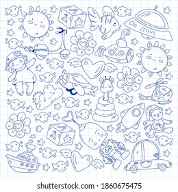 Kindergarten, toys vector pattern. Little children creativity and imagination. Online education, educational games.