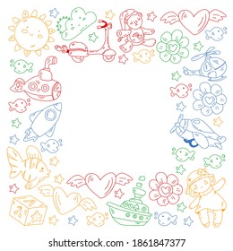 Kindergarten, toys vector pattern. Little children creativity and imagination. Online education, educational games.