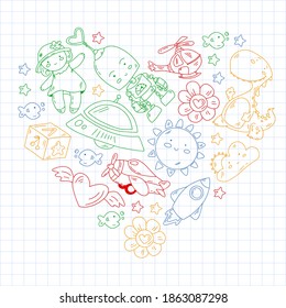 Kindergarten, toys vector pattern. Little children creativity and imagination. Online education, educational games.