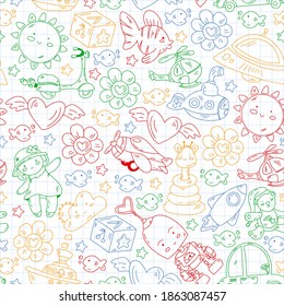 Kindergarten, toys vector pattern. Little children creativity and imagination. Online education, educational games.