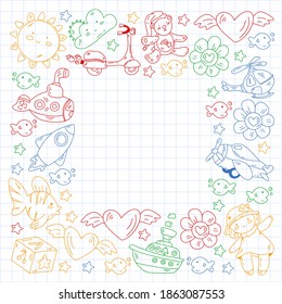 Jardines de infancia, patrón vectorial de juguetes. La creatividad y la imaginación de los niños pequeños. Educación en línea, juegos educativos.