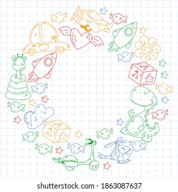 Kindergarten, toys vector pattern. Little children creativity and imagination. Online education, educational games.