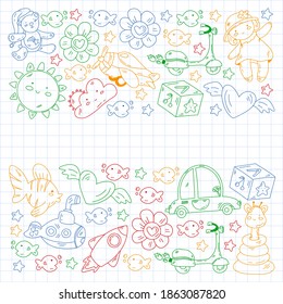 Kindergarten, toys vector pattern. Little children creativity and imagination. Online education, educational games.