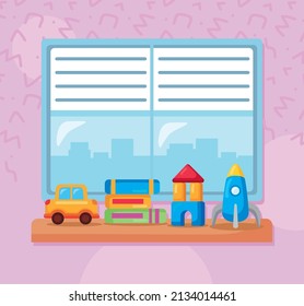 kindergarten toys in window scene