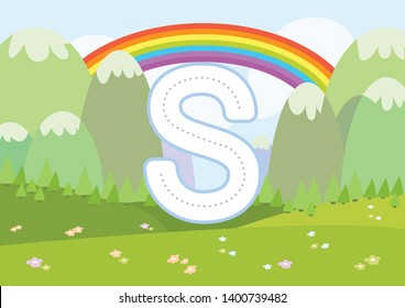 Kindergarten Tracing Letters Worksheets on cartoon landscape background, vector illustration.
