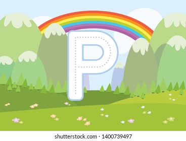 Kindergarten Tracing Letters Worksheets on cartoon landscape background, vector illustration.
