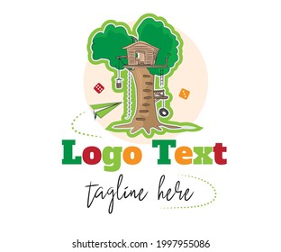 Kindergarten and tree house colorful logo vector illustration for kids school or product or education with dummy text on white background.