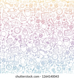 Kindergarten Vecto pattern with toys and items for education.